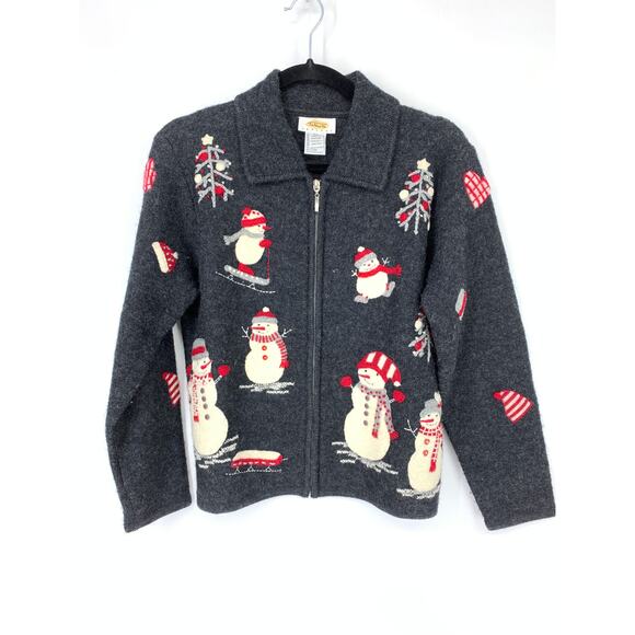 Talbots Women's Size PS Zip Up Holiday Snowman Cardigan Sweater Gray Wool - Picture 1 of 5